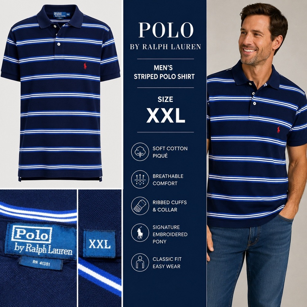 Polo Ralph Lauren Polo Shirt Mens XXL Blue Striped Classic Fit Pique Preppy